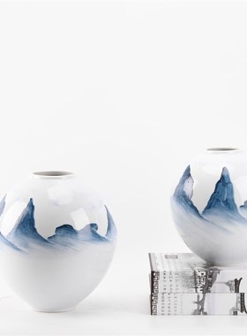 现代新中式陶瓷水墨花瓶样板房别墅软装饰品客厅办公室桌面摆件