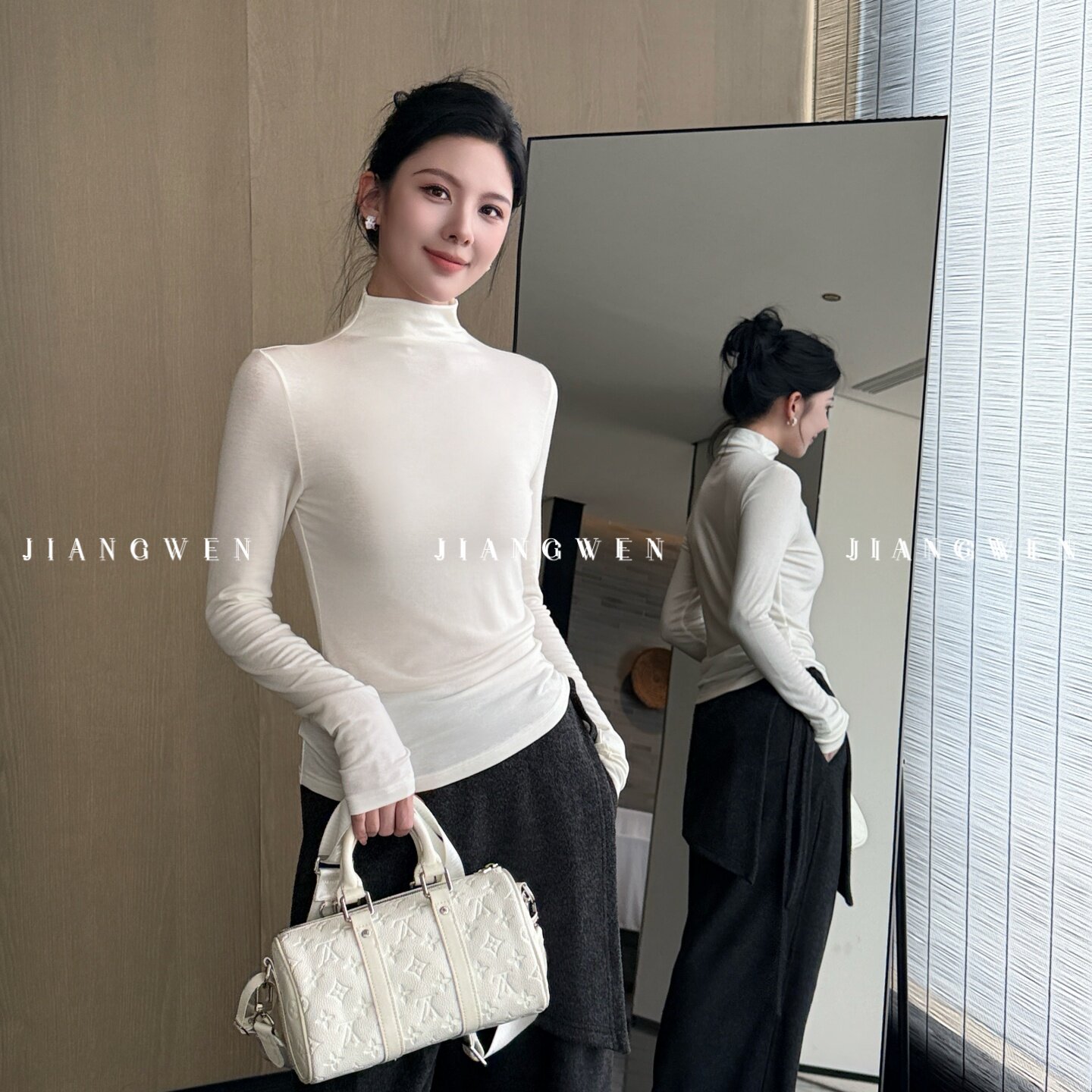 姜雯 极简百搭半高领天丝羊毛打底衫女秋冬纯色柔软轻肤修身T恤