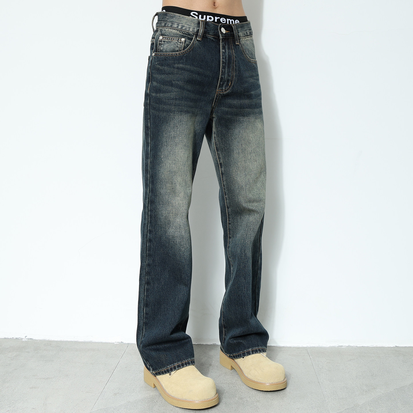 美式潮牌复古水洗深蓝色微喇牛仔裤男士宽松2026秋冬款设计感裤子,淘宝优惠券,粉丝福利购,淘宝优惠卷
