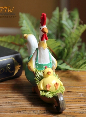 蓝色推车小鸡 树脂卡哇伊摆件 礼物庭院店铺摆件