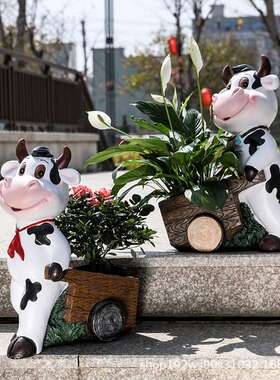 美式创墅意牛推车落地花SXG盆件别民宿摆花园庭院户外景观高端奶