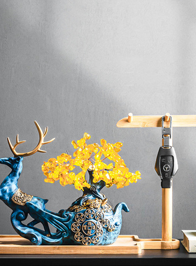 水晶发财树招财麋鹿家庭室内书房架酒柜摆件高档店铺X开业礼装饰