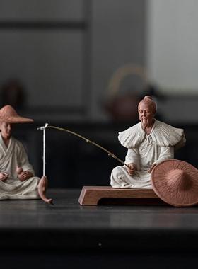 久造中禅意姜太公钓鱼摆件式创意瓷人物假山房JZ-YHX22造陶景卧室