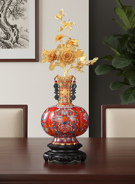 景泰蓝《福运中国金花瓶》花丝玉雕摆件收藏送礼家居高档商务礼品