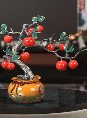 四季平安柿柿如意摆件黄铜新中式客厅酒柜电视柜玄关乔迁之喜礼物