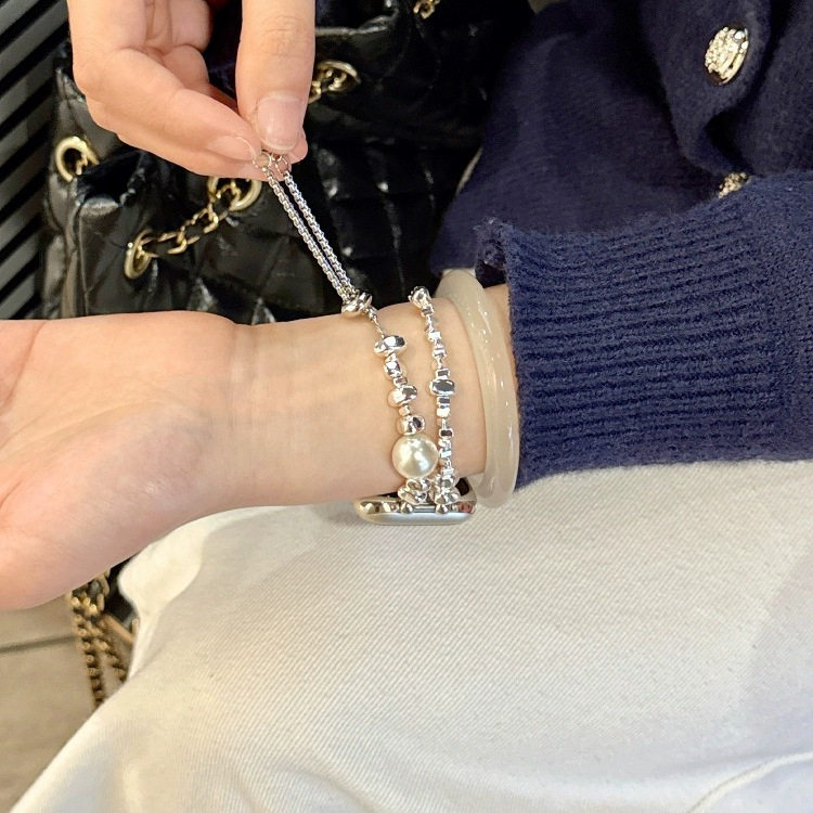 适用华为fit4表带ins白珍珠碎银子伸缩表链小香风iwatchS10/9/8/7/6/5代se2高级41mm女45mm小米手环89Pro腕带,淘宝优惠券,粉丝福利购,淘宝优惠卷