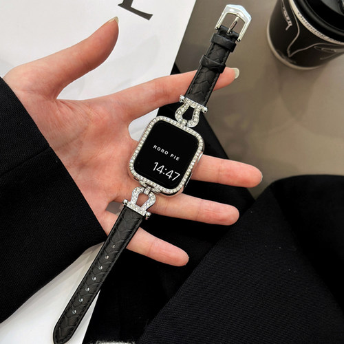 适用华为Fit3手表带小蛮腰镶钻马蹄扣表带华为fit2闪钻真皮苹果手表S10/9/8/7/6代荔枝纹皮质腕带女41mm/45mm - 图3