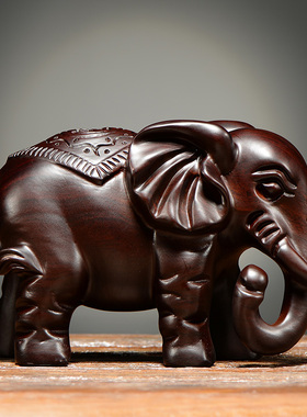 黑檀木雕大象摆件一对象实木头小象客厅玄关家居装饰红木质工艺品