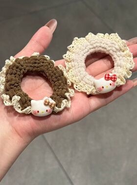 秋冬毛线针织发绳甜美蕾丝花边