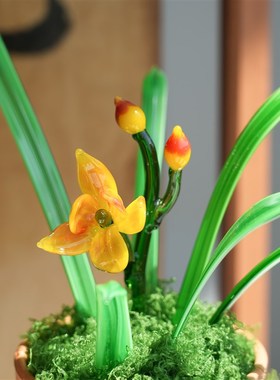 淄博琉璃仿真兰花盆栽手工艺品中式玄关茶台桌面花卉装饰摆件礼物