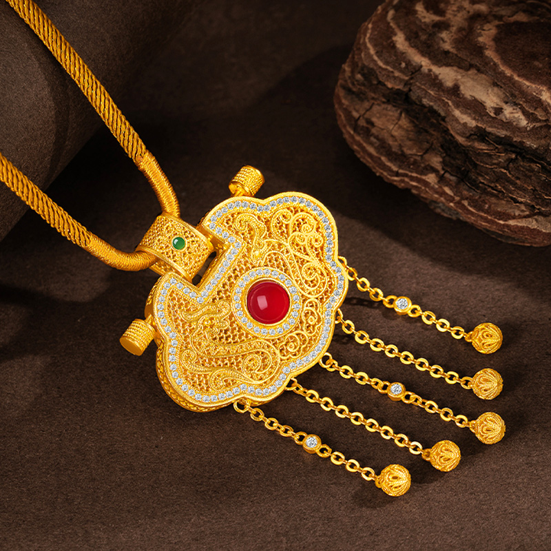 蒂蔻珠宝足金999天子门生黄金吊坠平安锁包古法金项链生日礼物 - 图3