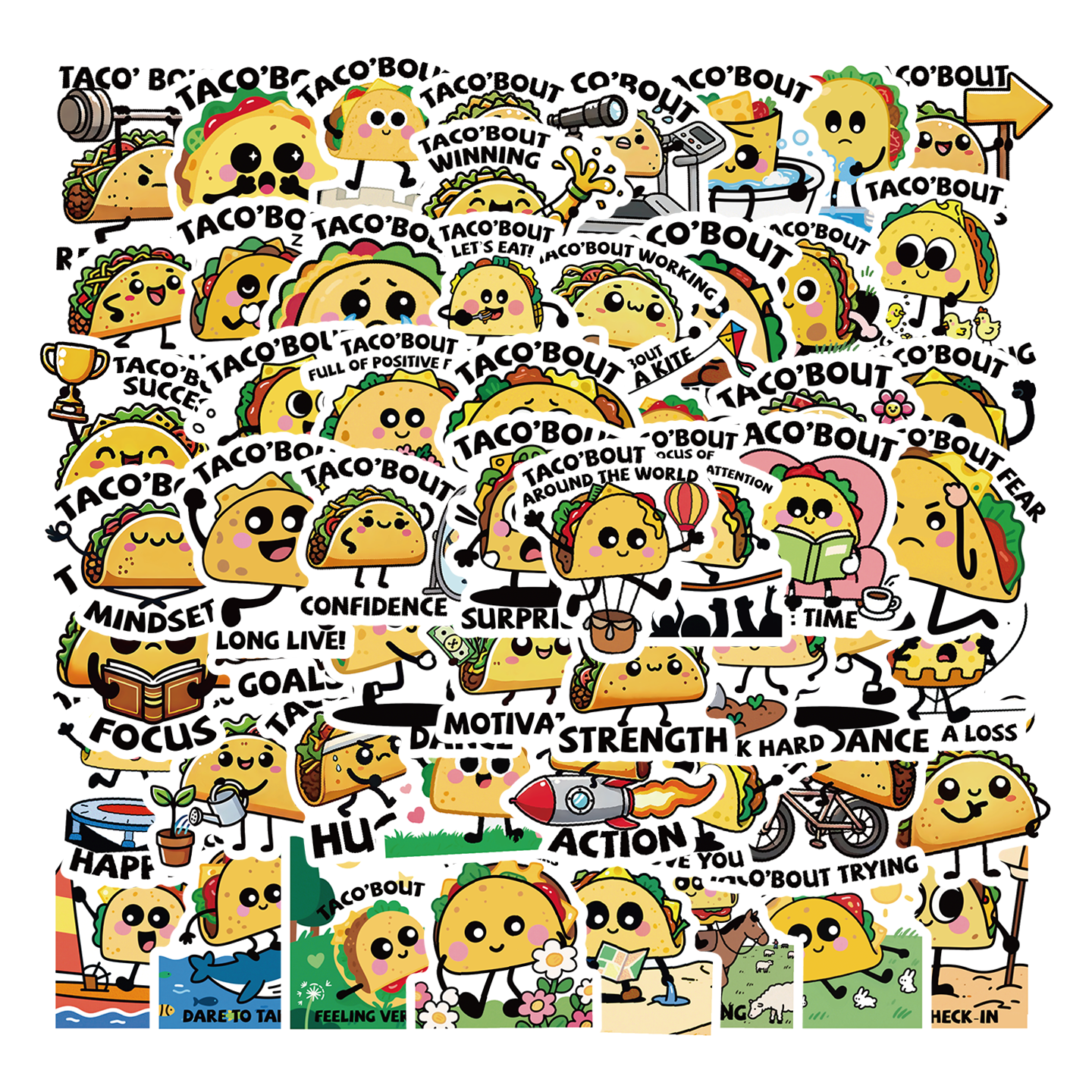 56张卡通塔可文字英文早教贴纸图文结合创意食物装饰行李箱笔记本taco表情包动画儿童奖励个性装饰手机笔记本 - 图0