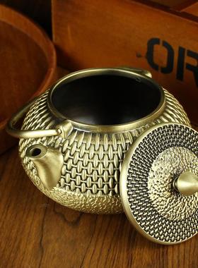 黄铜编制茶壶办公室茶桌茶具装饰纯铜摆件提梁壶金属工艺品