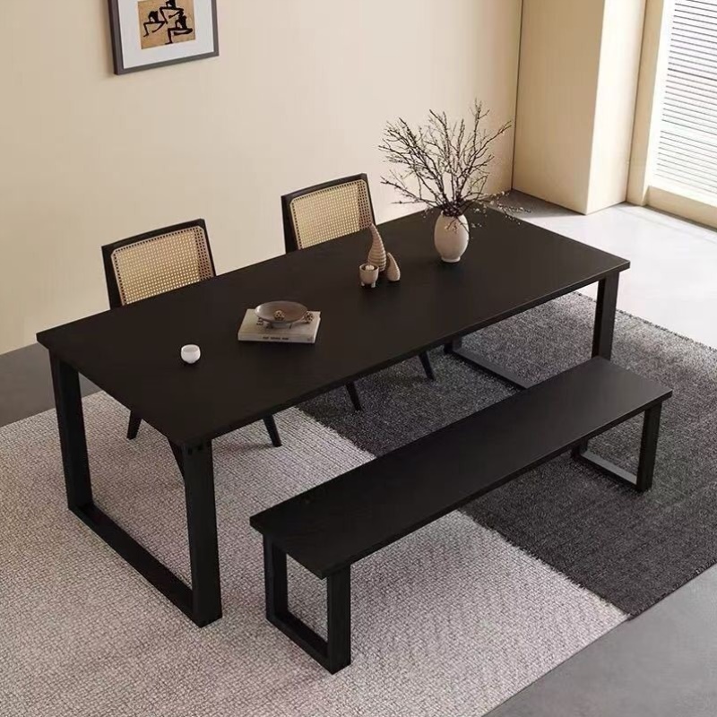 侘寂风黑色实木餐桌椅组合家用小户型长方形实木学习书桌工作台 - 图0