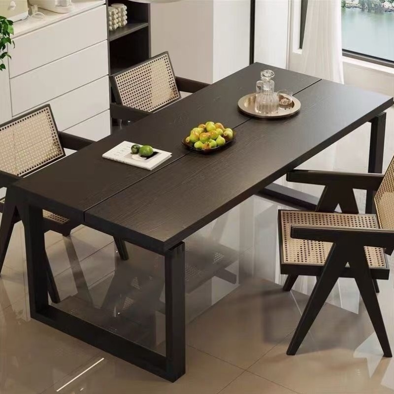 侘寂风黑色实木餐桌椅组合家用小户型长方形实木学习书桌工作台 - 图3