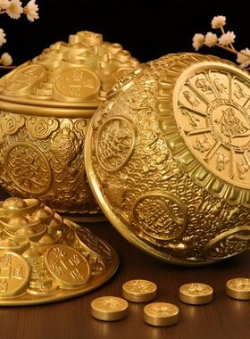 黄铜金蟾带盖聚宝盆摆件招财
