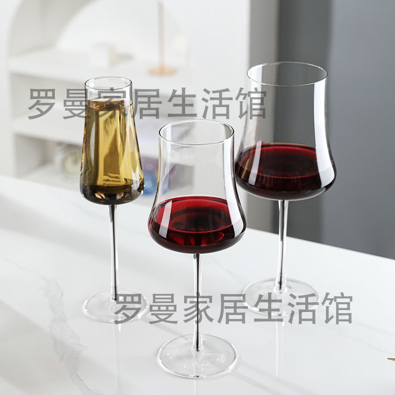 现代风酒具烟灰色高脚杯香槟杯子黑杆水晶酒杯展厅装饰水晶玻璃杯 - 图1