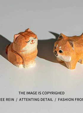 朴房橘猫柴犬木雕饰品手工可爱桌面小摆件汽车内饰摆件生日礼物女