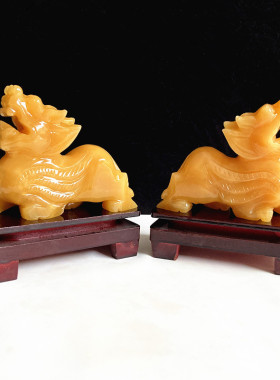 黄玉貔貅摆件一对天然玉石聚宝盆套装客厅酒柜办公室装饰品新中式