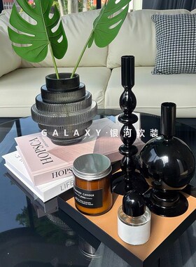 现代简约黑色玻璃烛台摆件样板间家居茶几托 托盘花瓶艺术软装饰