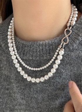极速新款灰色珍珠秋冬短款毛衣链女项链2023新款爆V款轻奢叠戴双