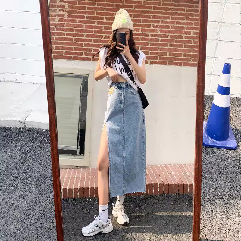 韩系小众高腰牛仔阔腿裤