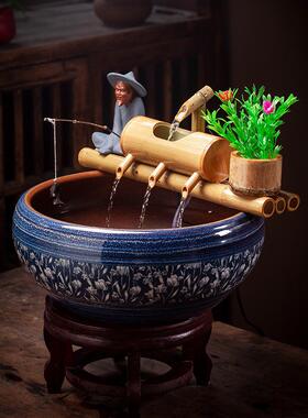 养鱼过滤摆件陶瓷鱼缸自动循环流水创意竹排鱼池简约现代造景制氧