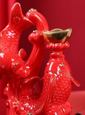 陶瓷红锦鲤客厅入口装饰品家居酒柜装饰乔迁礼品工艺品装饰品