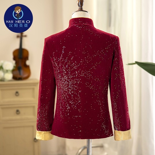 男童中式演出服儿童西装套装中国风红色学生晚会活动主持人合唱服