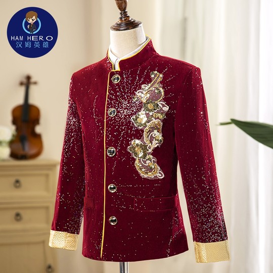 男童中式演出服儿童西装套装中国风红色学生晚会活动主持人合唱服