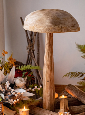 木质蘑菇摆件侘寂风创意落地艺术品复古民宿花园庭院造景软装摆设
