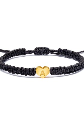 爆款热销26个桃心字母镀18K金不锈钢编织手绳可调节刻字友谊手链