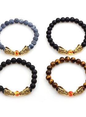 极速复古b民族风火山石手串男士个性复古龙金属弹力绳手串裂纹石