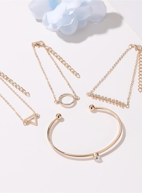 极速欧美时尚套装手镯镶钻鱼骨y树叶三角形手錬镂空几何开口手镯