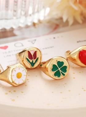 极速rings women tins博主同款戒指爱心戒指郁金香花朵开口食指戒