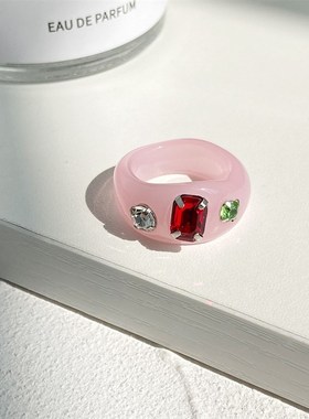 极速Jelly diamond ring rings women 果冻色树脂亚Z克力镶钻戒指