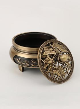 平低雕花铜香炉三足雕花铜香炉香薰炉摆件家用工艺品源头厂家