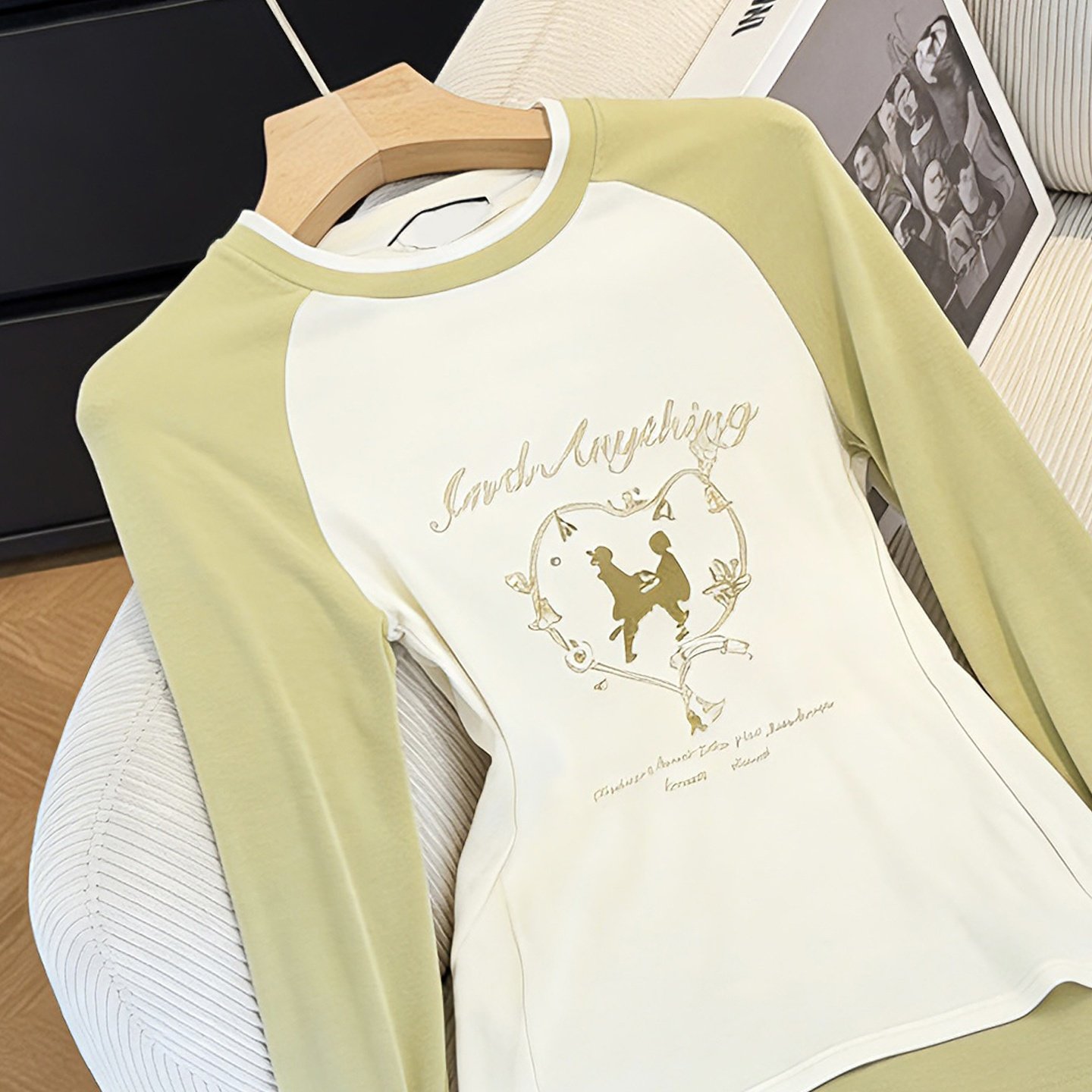 韩系复古别致撞色插肩袖印花长袖T恤春秋设计感减龄百搭打底上衣,淘宝优惠券,粉丝福利购,淘宝优惠卷