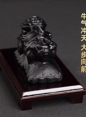黑曜石牛拉元宝聚宝盆风水摆件家居办公室招财开运吉祥物开业礼品