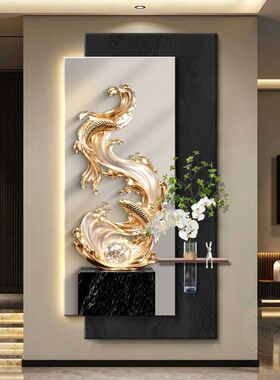 风生水起入户玄关装饰画轻奢高级感过道走廊尽头挂画竖版带灯壁画