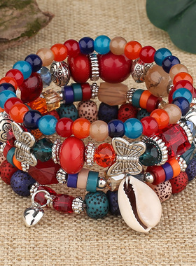 欧美 波西米亚民族风手链 时尚蝴蝶水晶多层多元素分层弹力手链