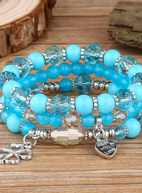 欧美外贸时尚吊坠桃心手环手饰波西米亚风玻璃珠多层弹力手链