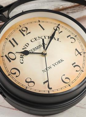 创意钟表铁艺挂饰挂钟 复古装饰客厅钟双面挂钟