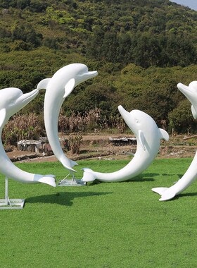 大型园林景观装饰喷水仿真白色海豚玻璃钢雕塑摆件海洋动物雕塑