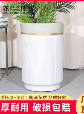 特大陶瓷花盆白色欧式龟背竹天堂鸟专用家用客厅轻奢感直筒盆