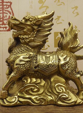 纯铜麒麟摆件一对 黄铜招财祥云镇宅麒麟工艺品办公室 家居摆设铜