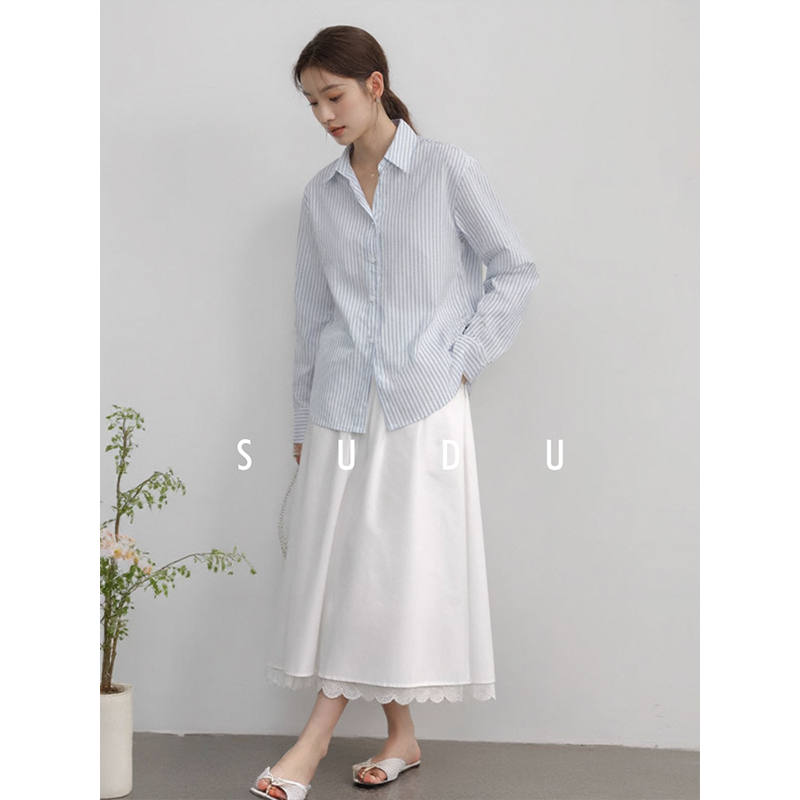 SUDU素都2026春季新款法式蓝白竖条纹长袖衬衫女通勤宽松复古衬衣,淘宝优惠券,粉丝福利购,淘宝优惠卷