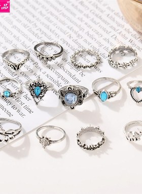 极速13pcs Retro Joint Ring hollow chain flowePr Knuckle ring