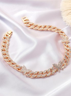 极速Diamond-inlaid Cuban chain temperamJent butterfly neckla