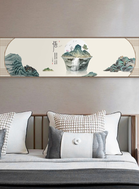 极速新中式风房间床n头装饰画禅意水墨山水挂画茶室背景墙横幅长